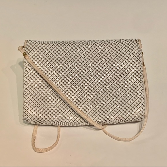 Vintage Whiting and Davis White Metal Mesh Cross Body Shoulder Bag Leather Strap - Picture 14 of 15